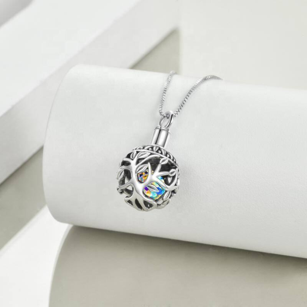Tree Wrapped Crystal Cremation Necklace Sterling Silver
