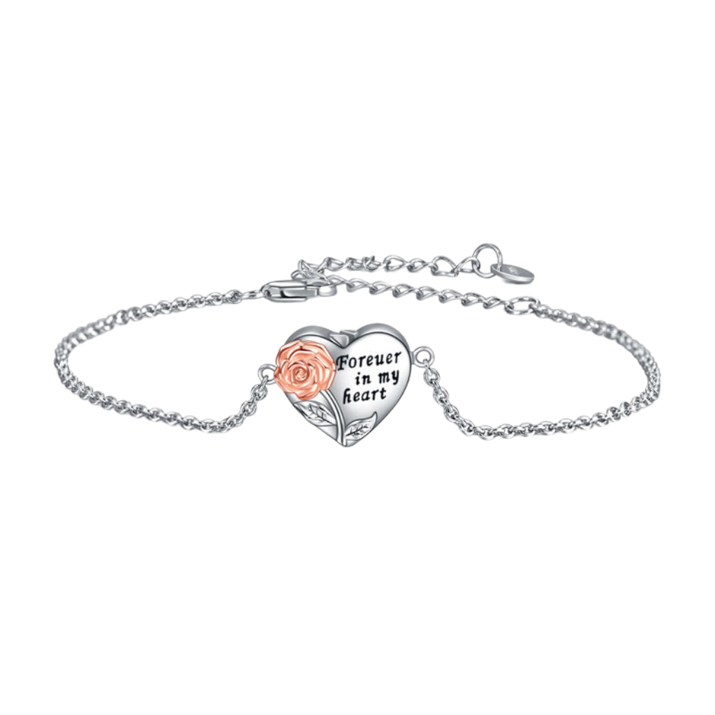 Love Heart With Rose Gold Flower Cremation Bracelet Sterling Silver