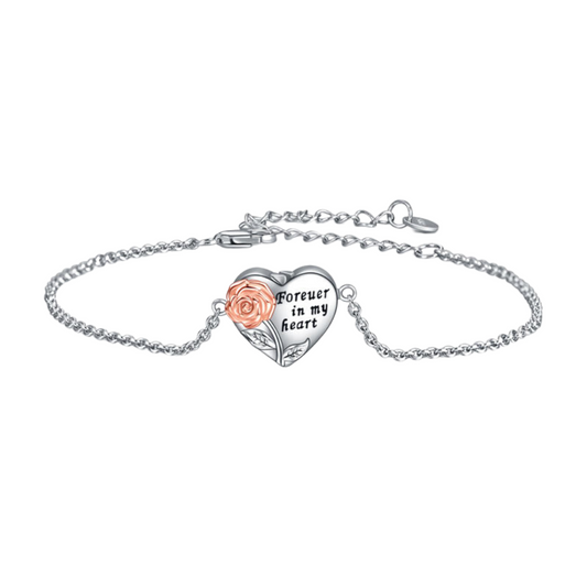 Love Heart With Rose Gold Flower Cremation Bracelet Sterling Silver