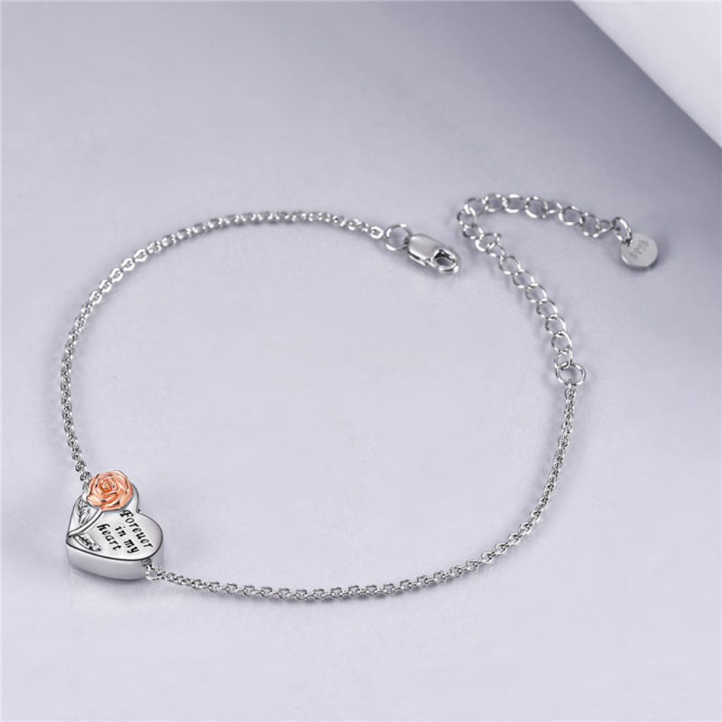 Love Heart With Rose Gold Flower Cremation Bracelet Sterling Silver