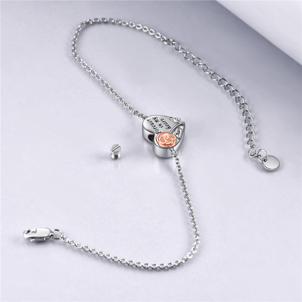 Love Heart With Rose Gold Flower Cremation Bracelet Sterling Silver