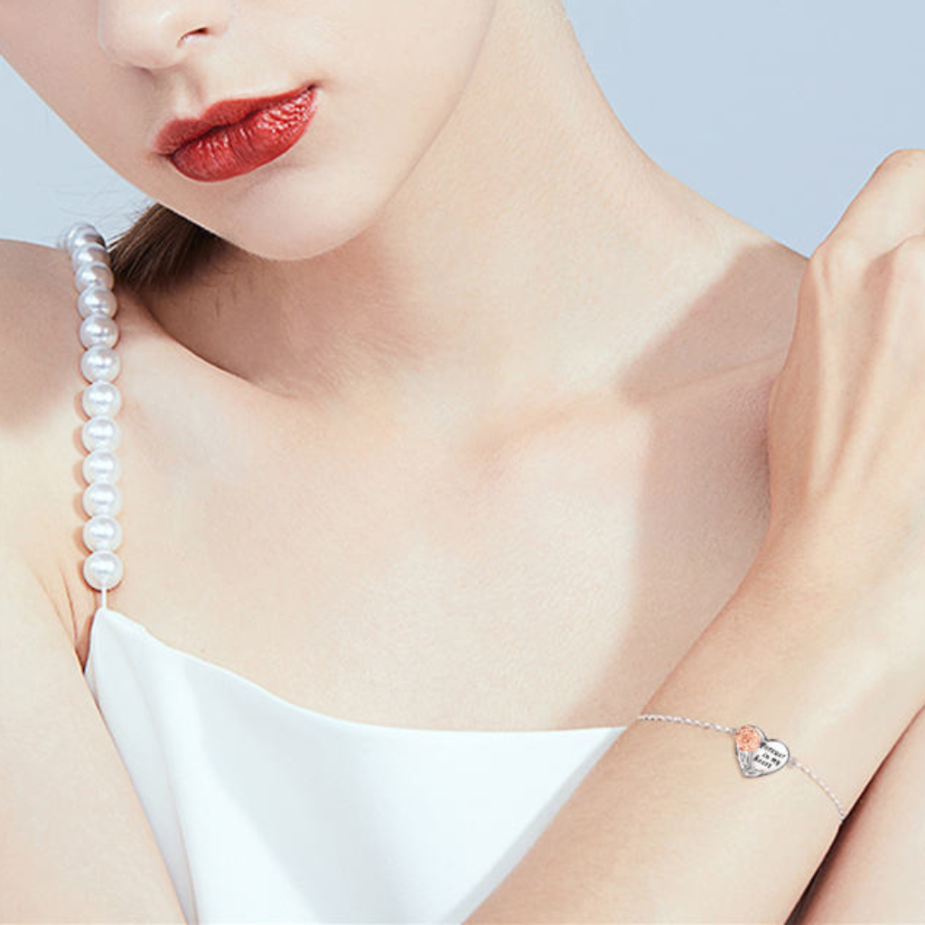 Love Heart With Rose Gold Flower Cremation Bracelet Sterling Silver