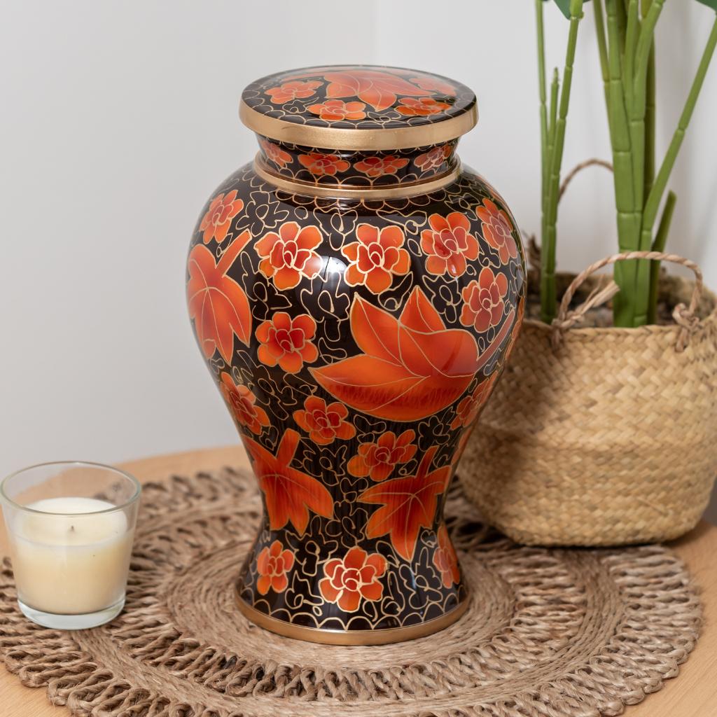 Hand Painted Red Leaves Aluminium Urn