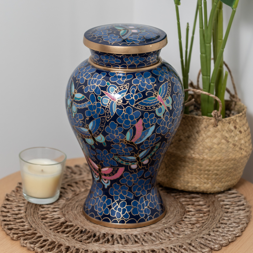 Hand Painted Blue Butterfly Aluminium Urn