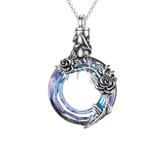 Blue And Purple Crystal Floral Wreath Cremation Necklace Sterling Silver