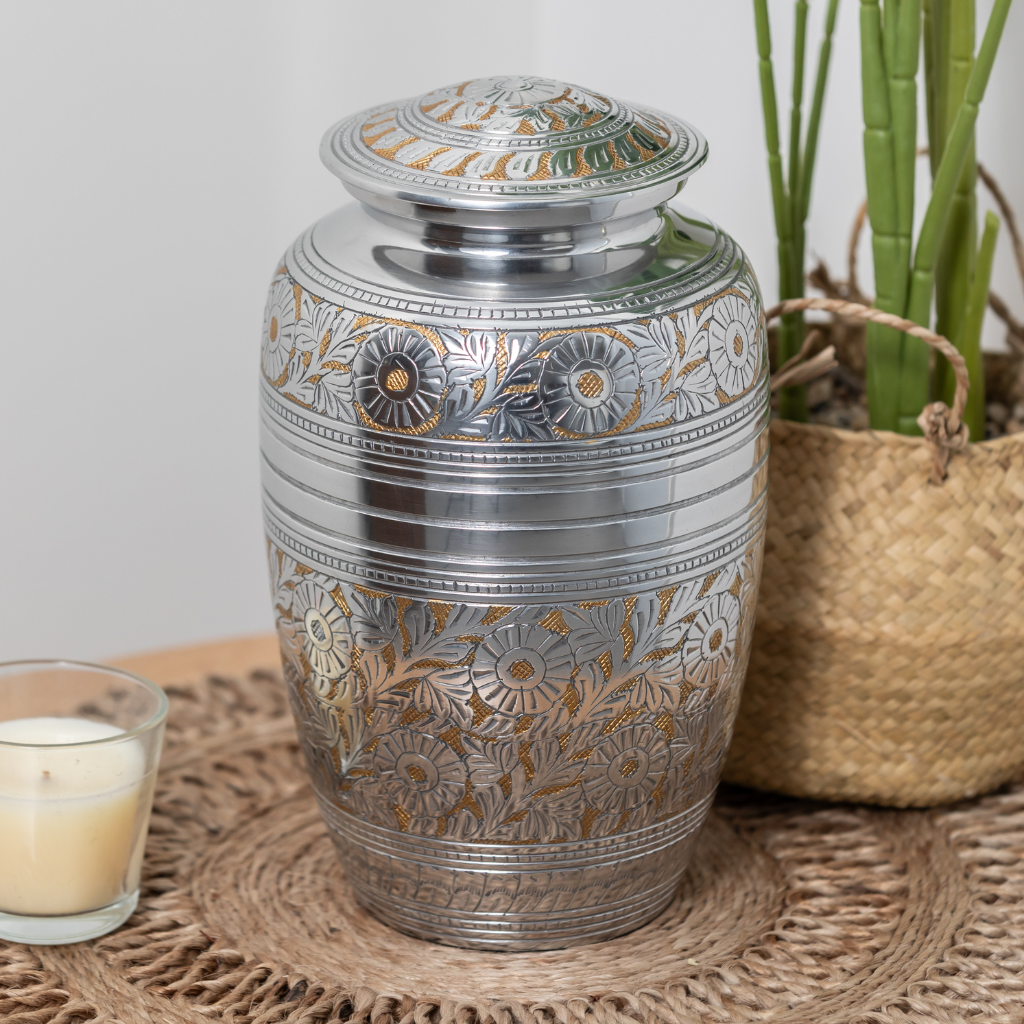 Floral Ornate Silver Aluminium Urn