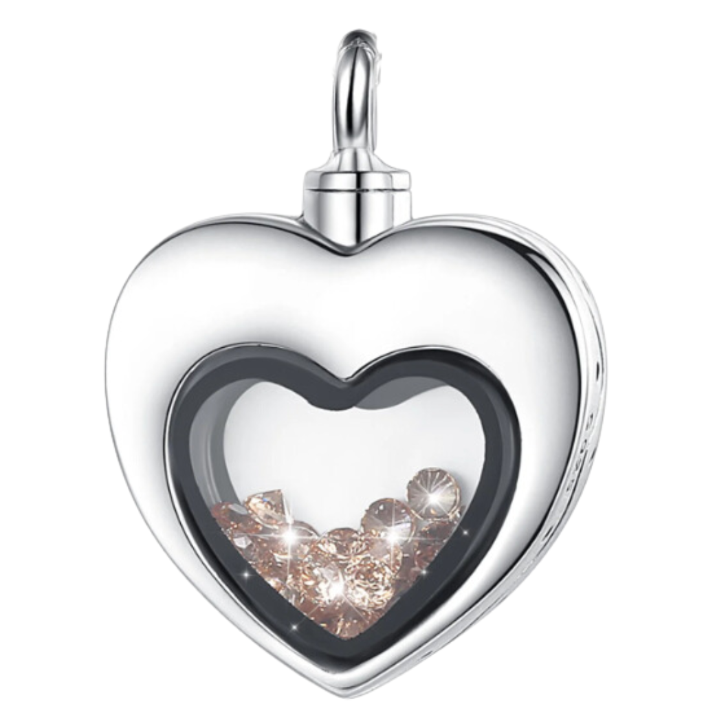 Heart Glass Tan Crystals Cremation Necklace Sterling Silver