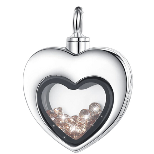 Heart Glass Tan Crystals Cremation Necklace Sterling Silver