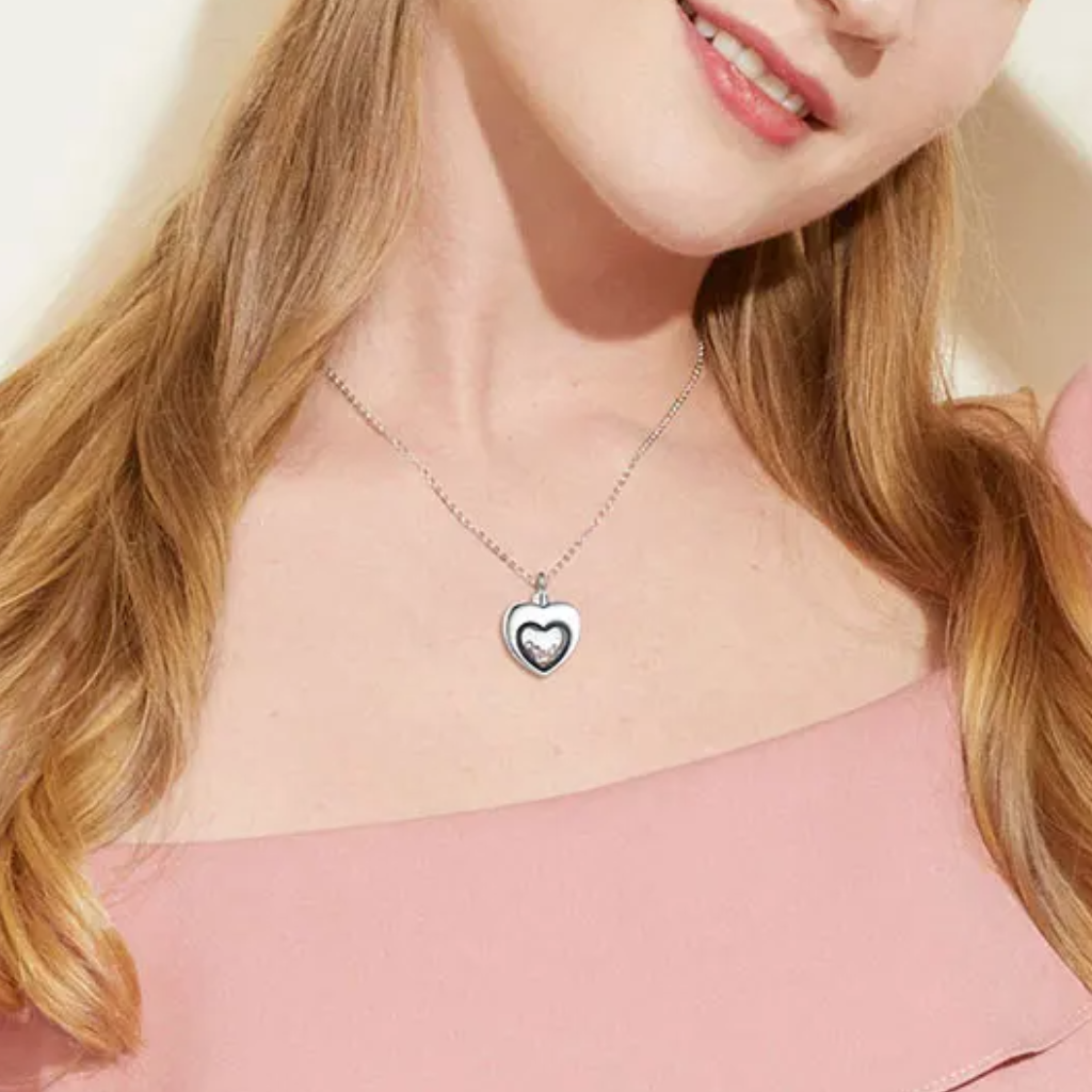 Heart Glass Tan Crystals Cremation Necklace Sterling Silver