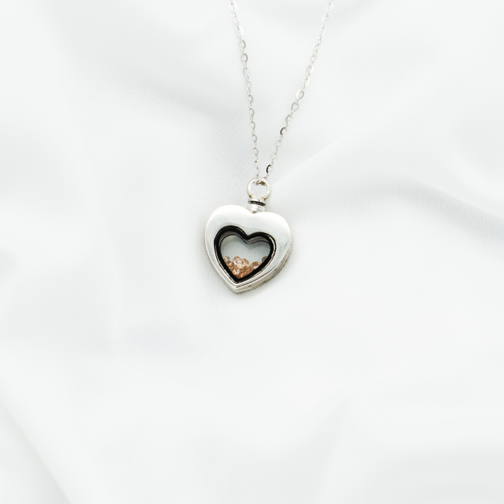 Heart Glass Tan Crystals Cremation Necklace Sterling Silver