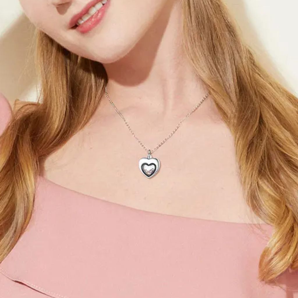 Heart Glass Pink Crystals Cremation Necklace Sterling Silver