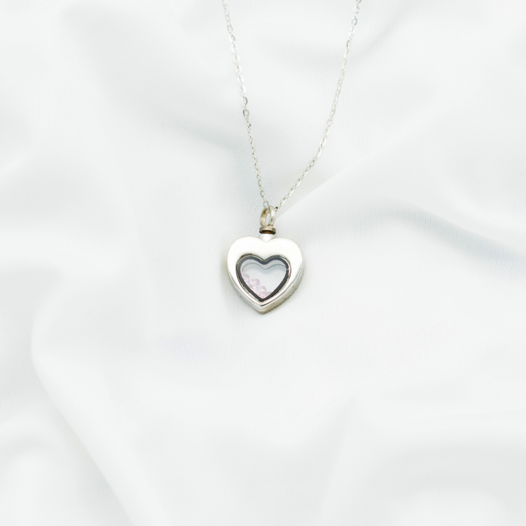 Heart Glass Pink Crystals Cremation Necklace Sterling Silver