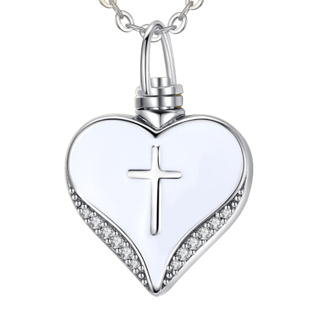 White Heart With Cross Cremation Necklace Sterling Silver