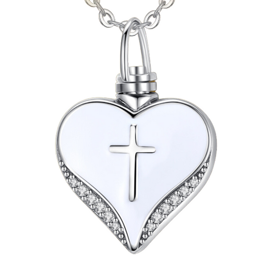 White Heart With Cross Cremation Necklace Sterling Silver