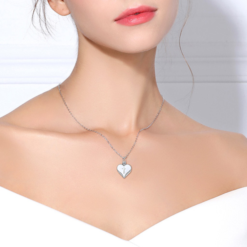 White Heart With Cross Cremation Necklace Sterling Silver