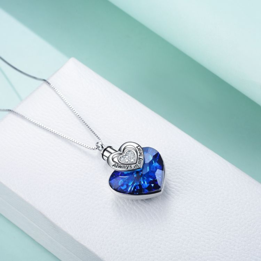 Blue Crystal Heart Cremation Necklace Sterling Silver D2