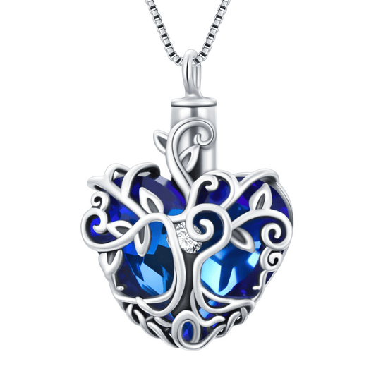 Blue Crystal World Tree Cremation Necklace Sterling Silver