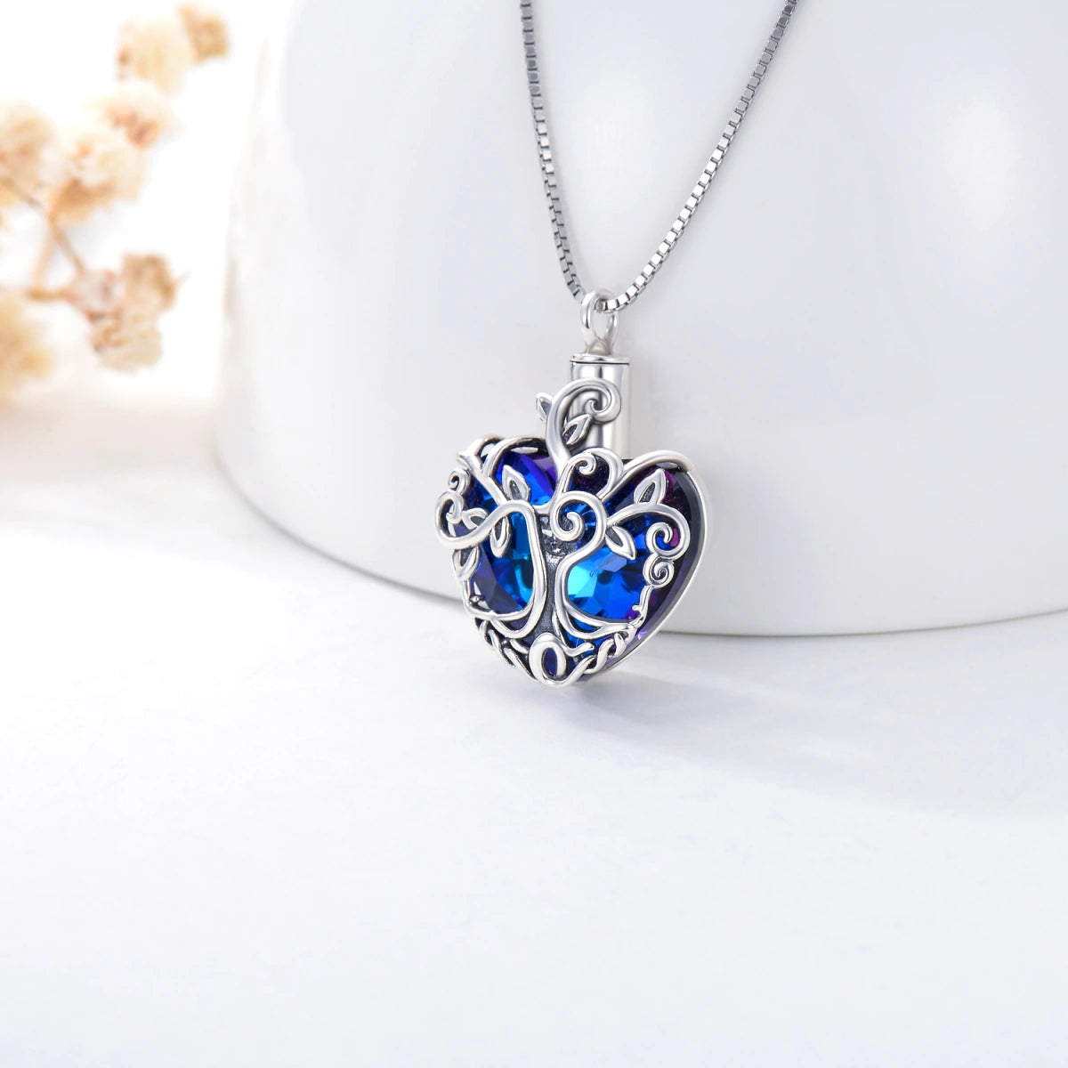 Blue Crystal World Tree Cremation Necklace Sterling Silver