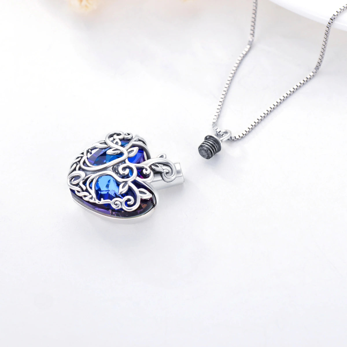 Blue Crystal World Tree Cremation Necklace Sterling Silver