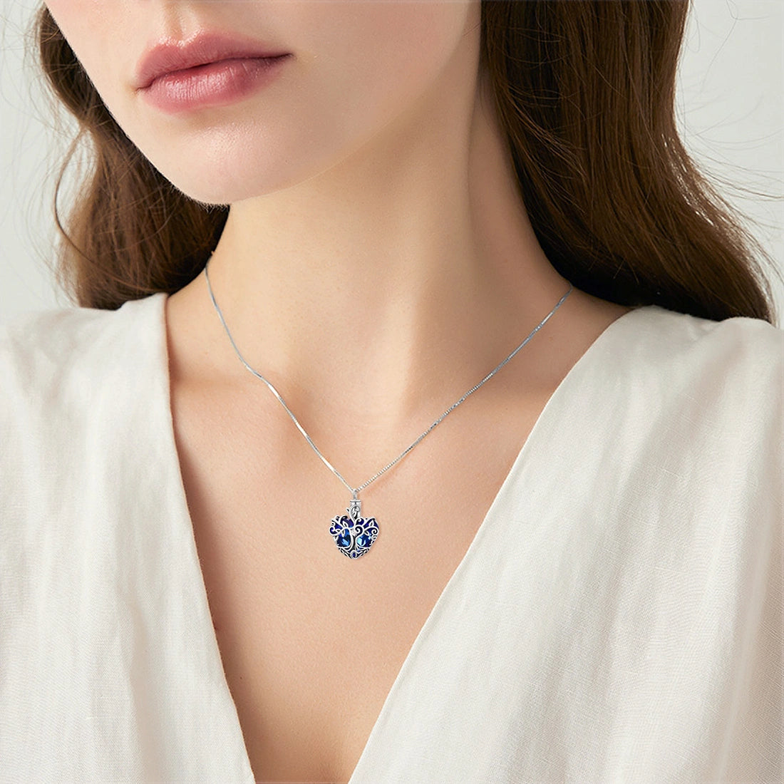 Blue Crystal World Tree Cremation Necklace Sterling Silver