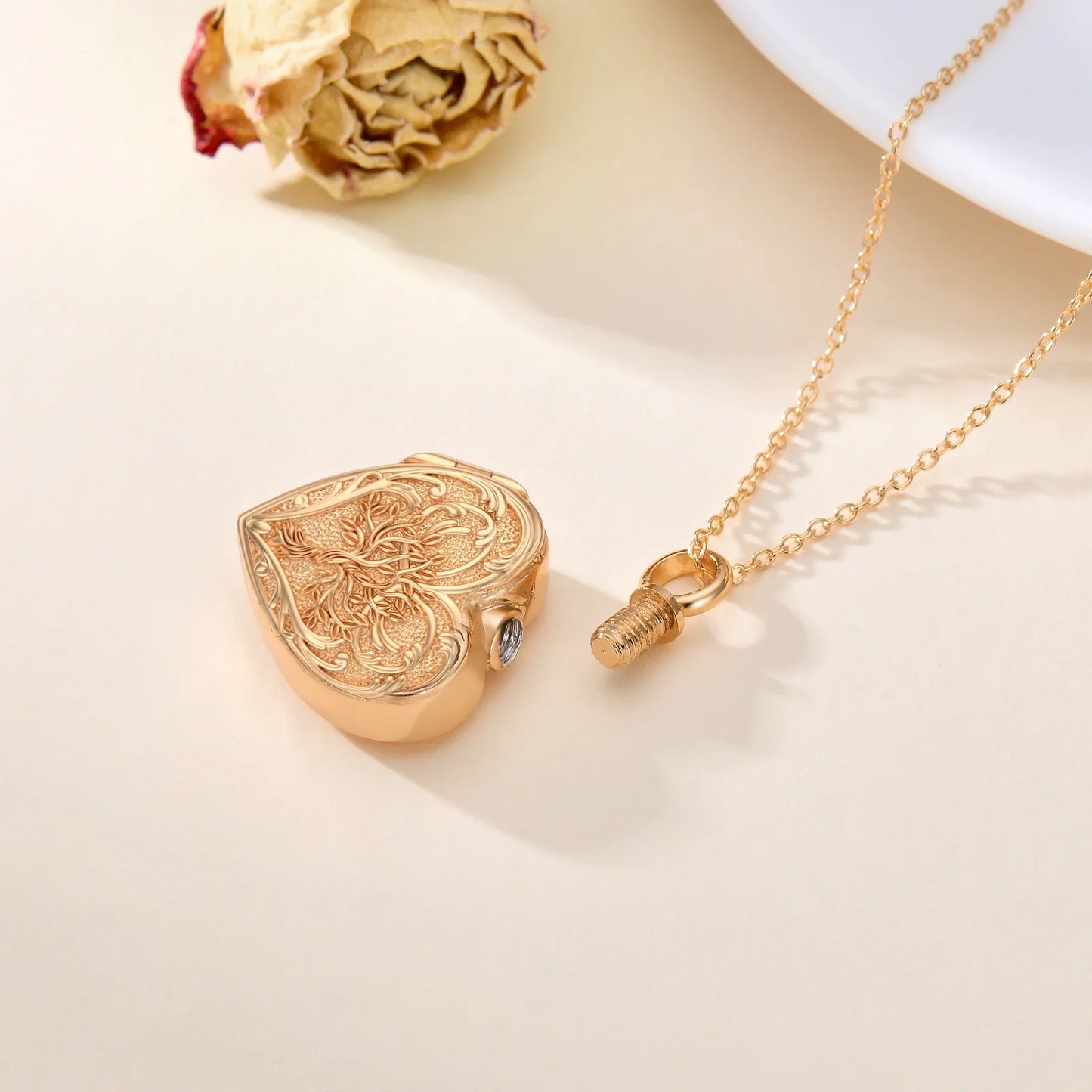 Rose Gold Heart Vines Cremation Necklace Sterling Silver