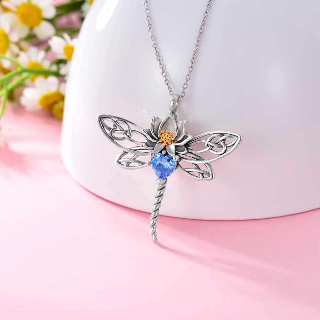 Blue Crystal Dragonfly Cremation Necklace Sterling Silver