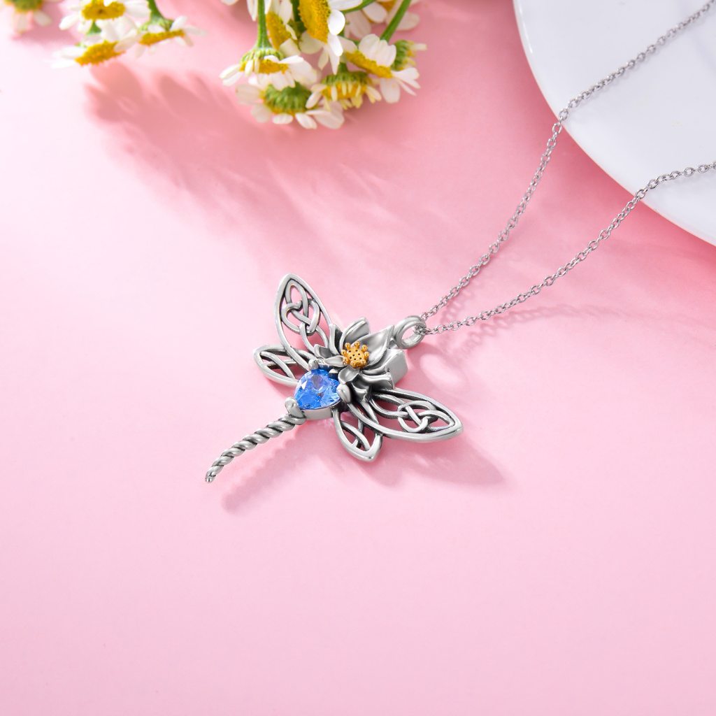 Blue Crystal Dragonfly Cremation Necklace Sterling Silver