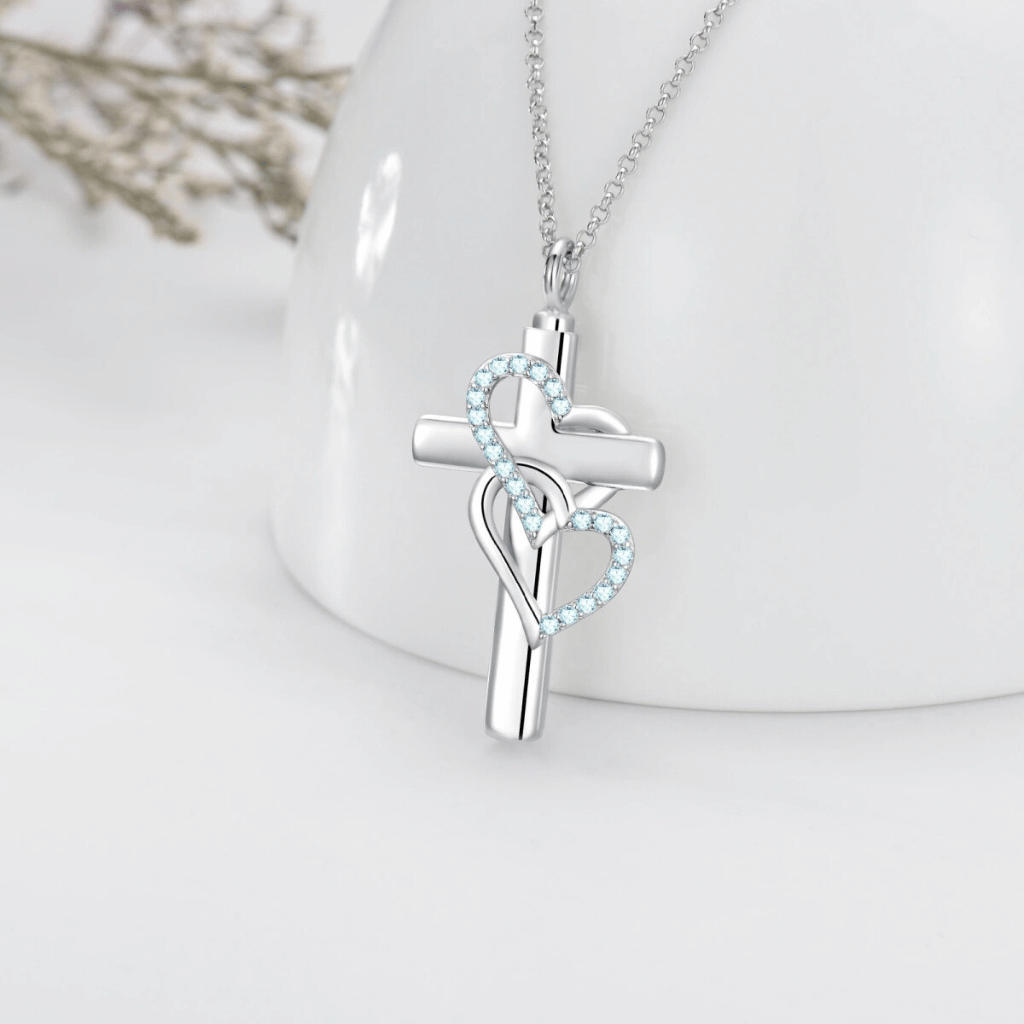 Hearts And Cross Cremation Necklace Sterling Silver