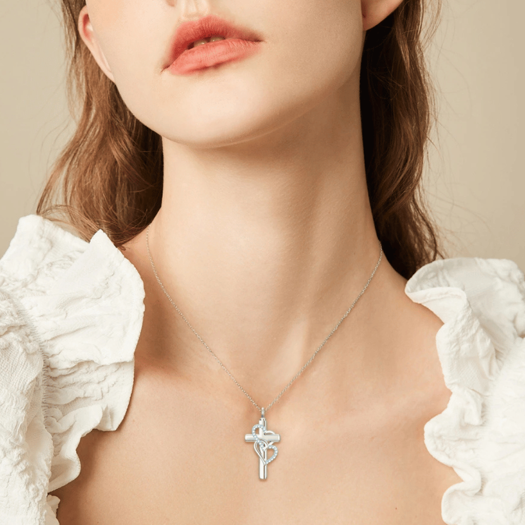 Hearts And Cross Cremation Necklace Sterling Silver