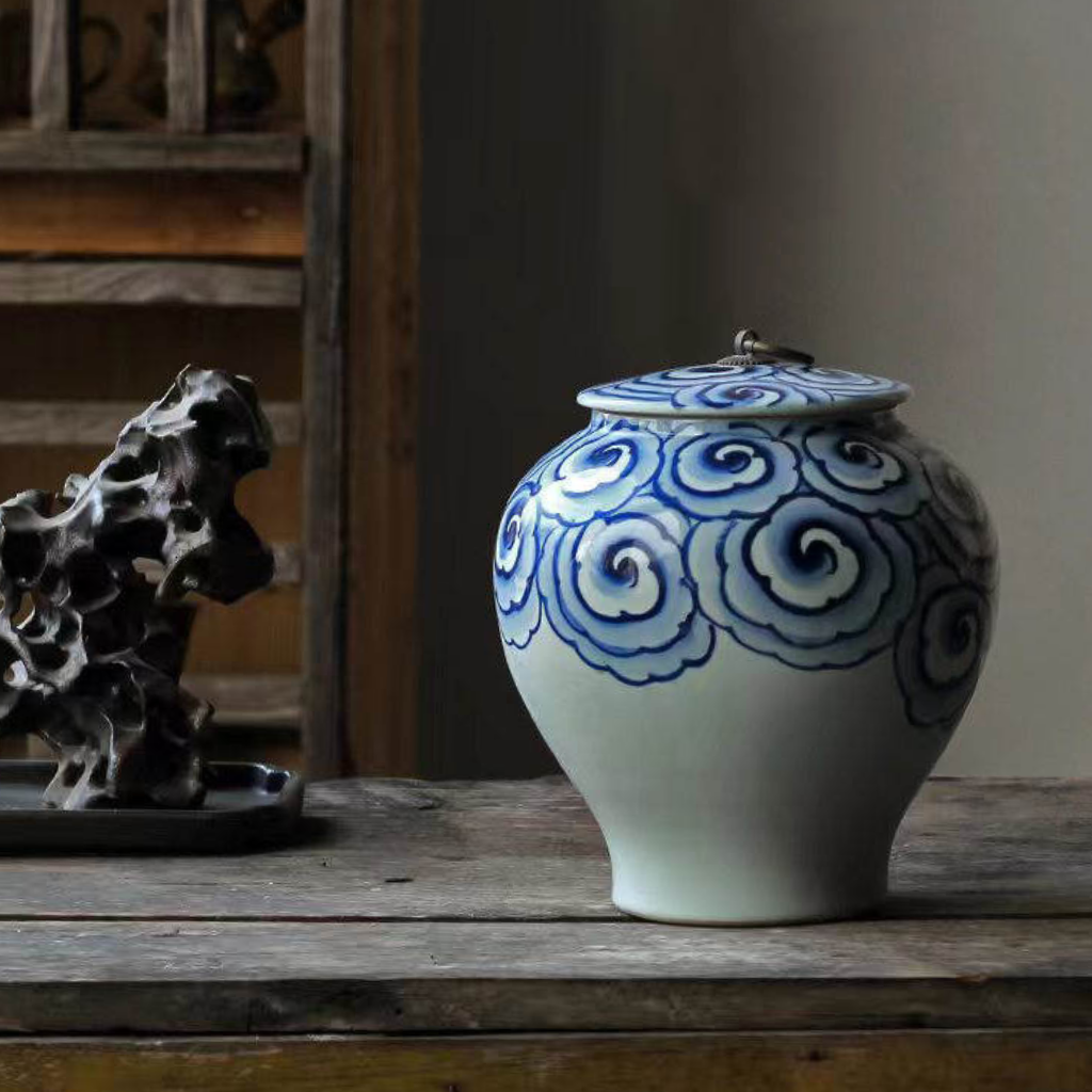 Circle Swirls Blue Porcelain Cremation Urn