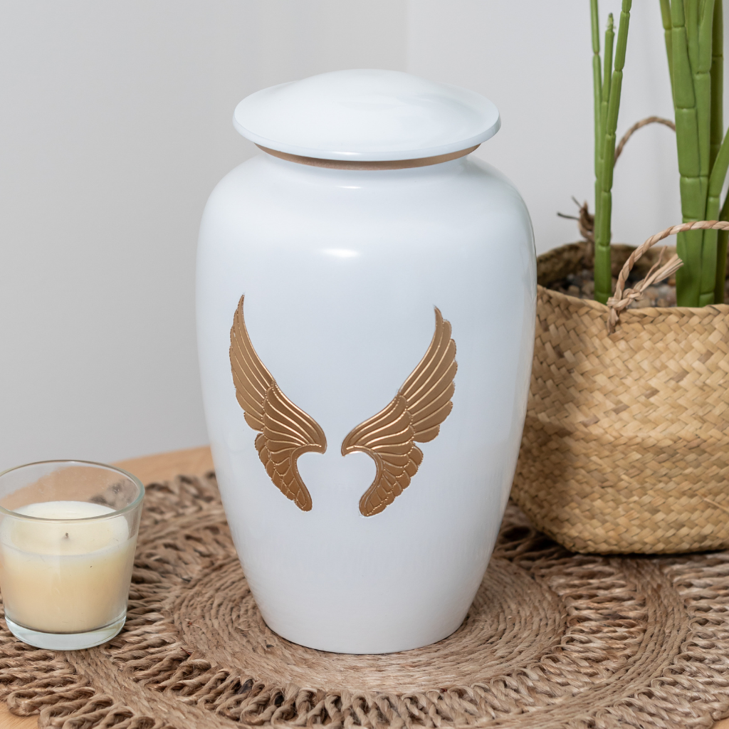 Gold Wings White Aluminium Urn