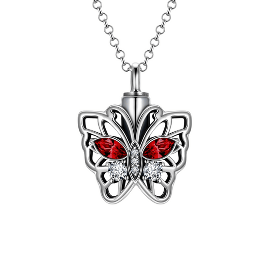 Red Crystal Hollow Butterfly Cremation Necklace Sterling Silver