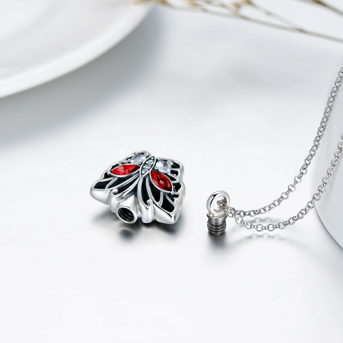 Red Crystal Hollow Butterfly Cremation Necklace Sterling Silver