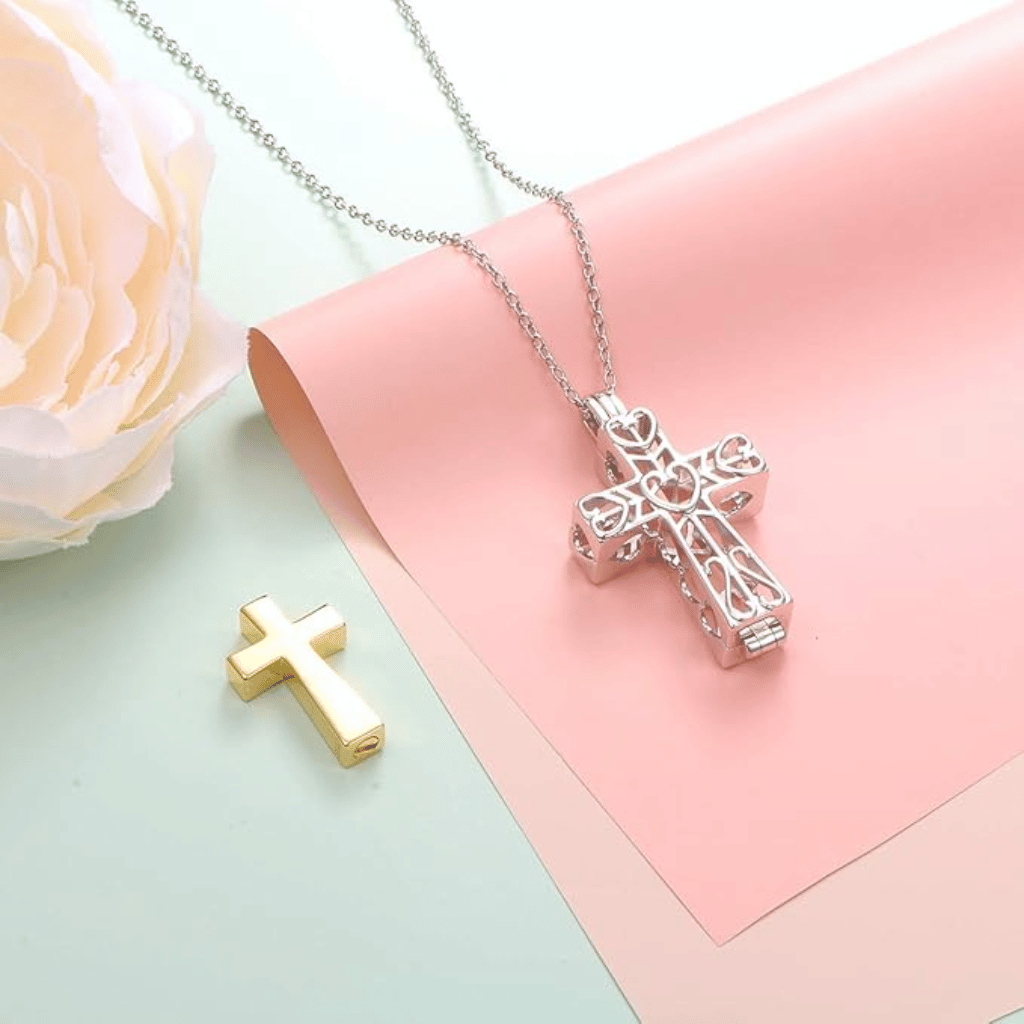 Hollow Gold Plated Cross Cremation Necklace Sterling Silver