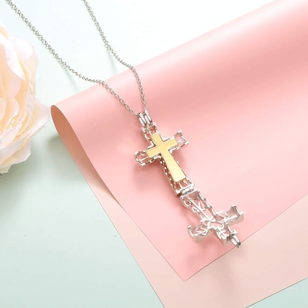 Hollow Gold Plated Cross Cremation Necklace Sterling Silver