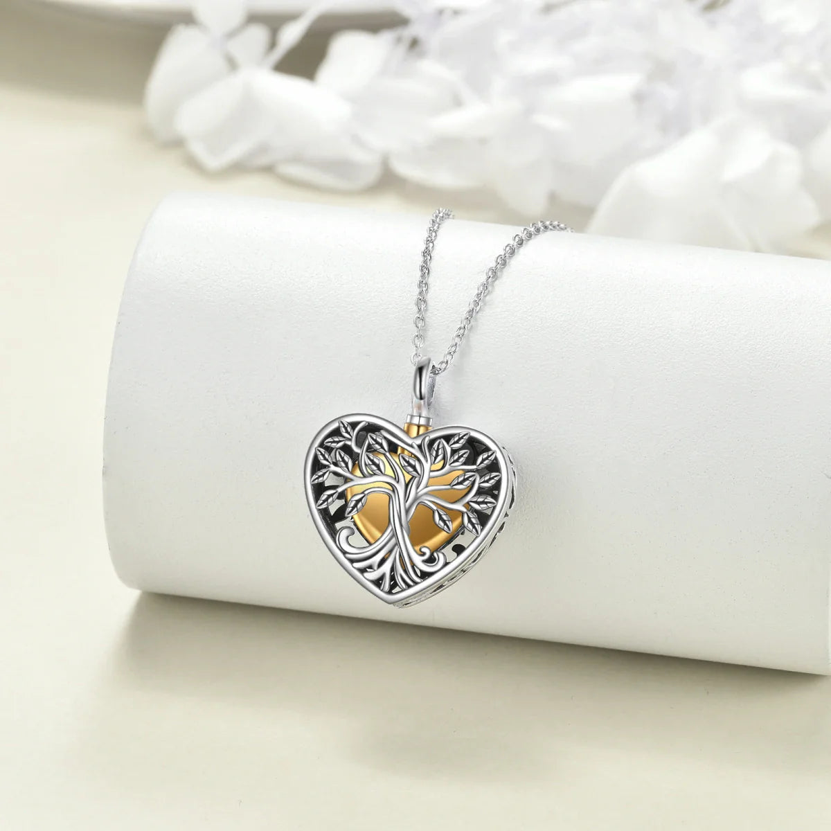 Hollow Gold Heart Tree Cremation Necklace Sterling Silver