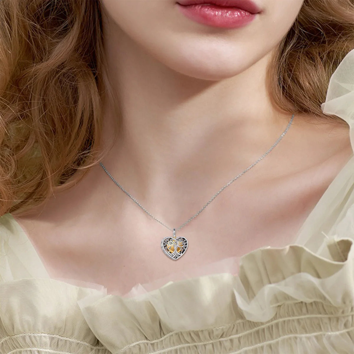 Hollow Gold Heart Tree Cremation Necklace Sterling Silver