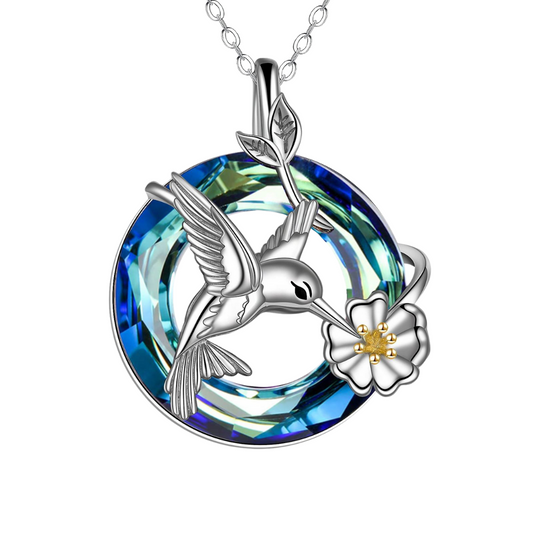 Blue And Green Crystal Wreath Hummingbird Cremation Necklace Sterling Silver
