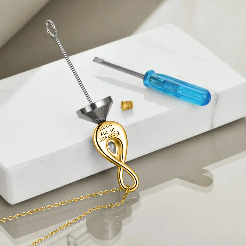 Blue Crystal Infinity Cremation Necklace Gold Vermeil