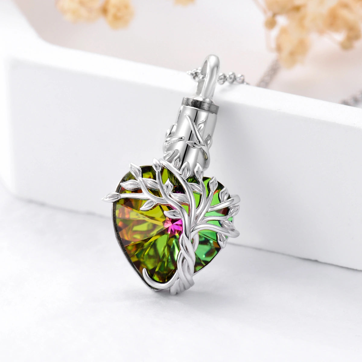 Multi Coloured Crystal Tree Cremation Necklace Sterling Silver