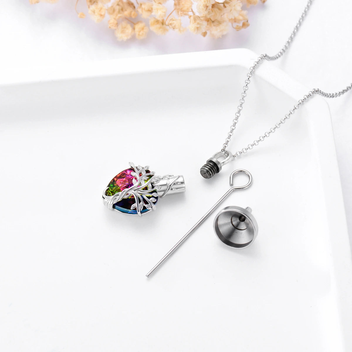 Multi Coloured Crystal Tree Cremation Necklace Sterling Silver
