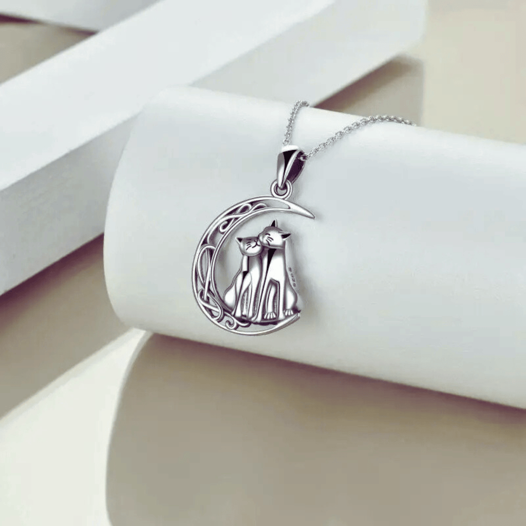 Runic Crescent Moon Cats Cremation Necklace Sterling Silver