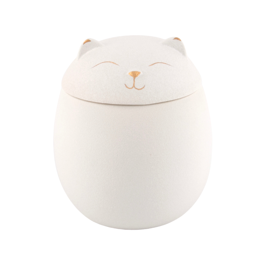 White Rounded Cat Small Ceramic Urn