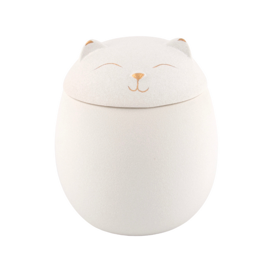 White Rounded Cat Small Ceramic Urn