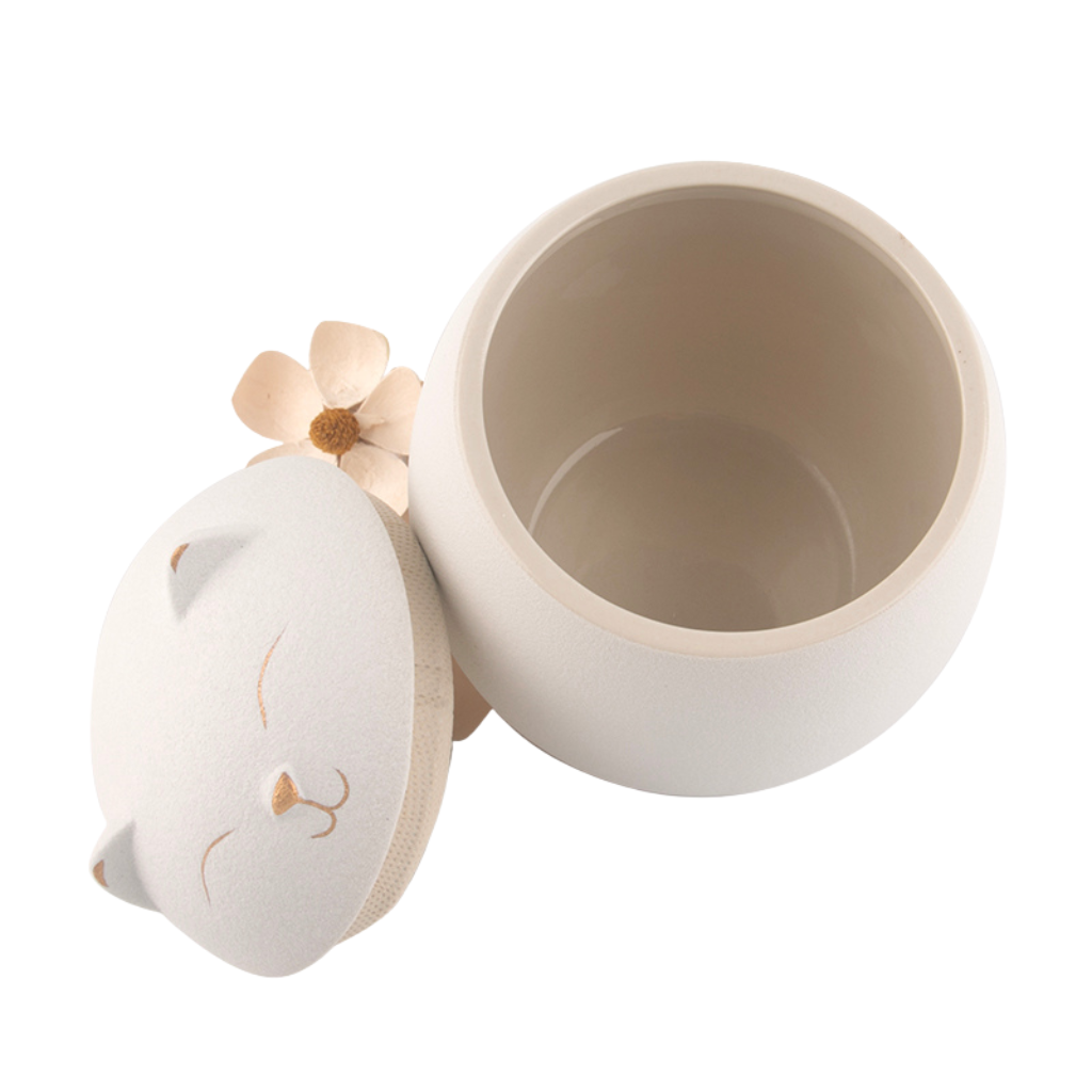 White Rounded Cat Small Ceramic Urn