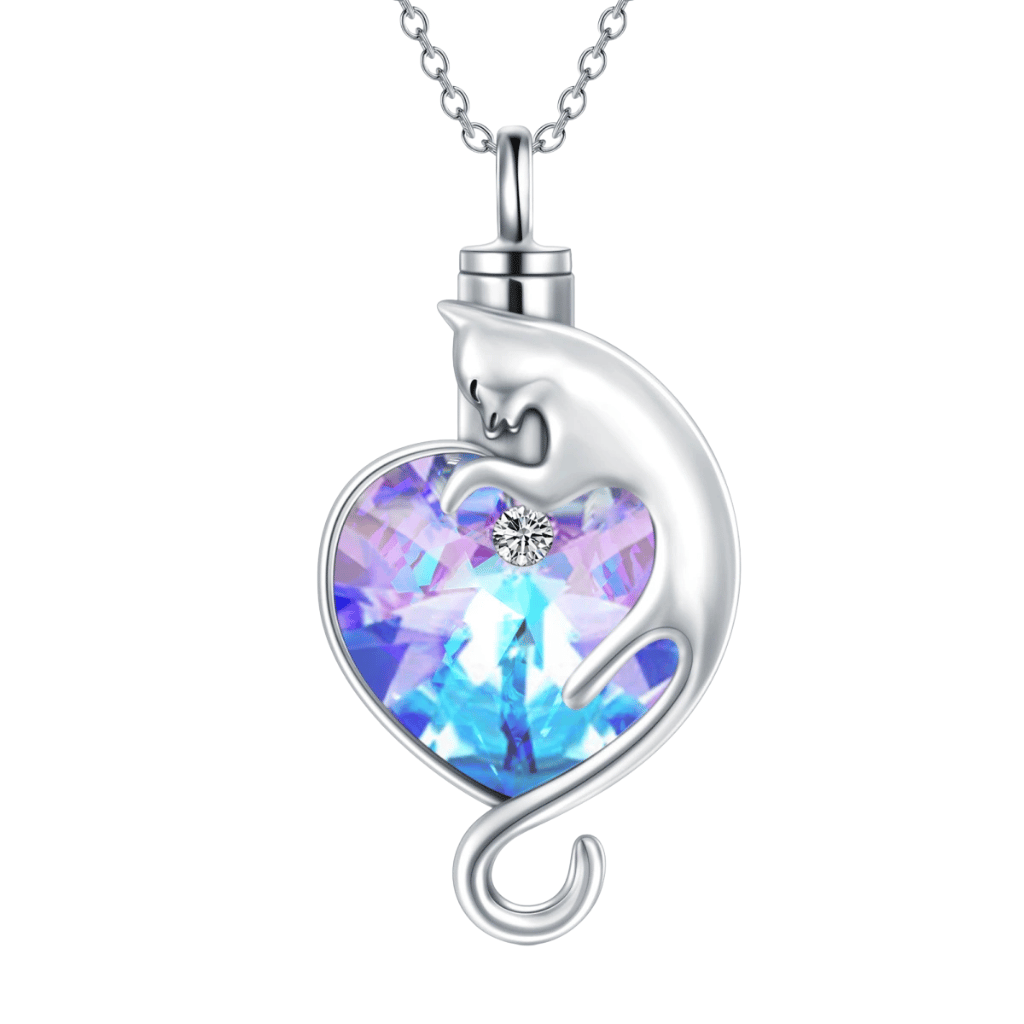 Blue And Purple Crystal Heart Cat Cremation Necklace Sterling Silver