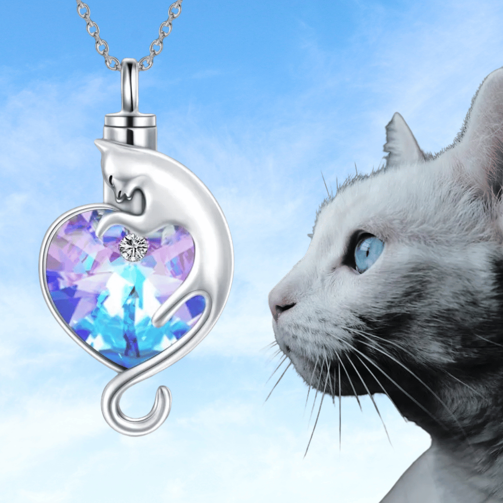 Blue And Purple Crystal Heart Cat Cremation Necklace Sterling Silver