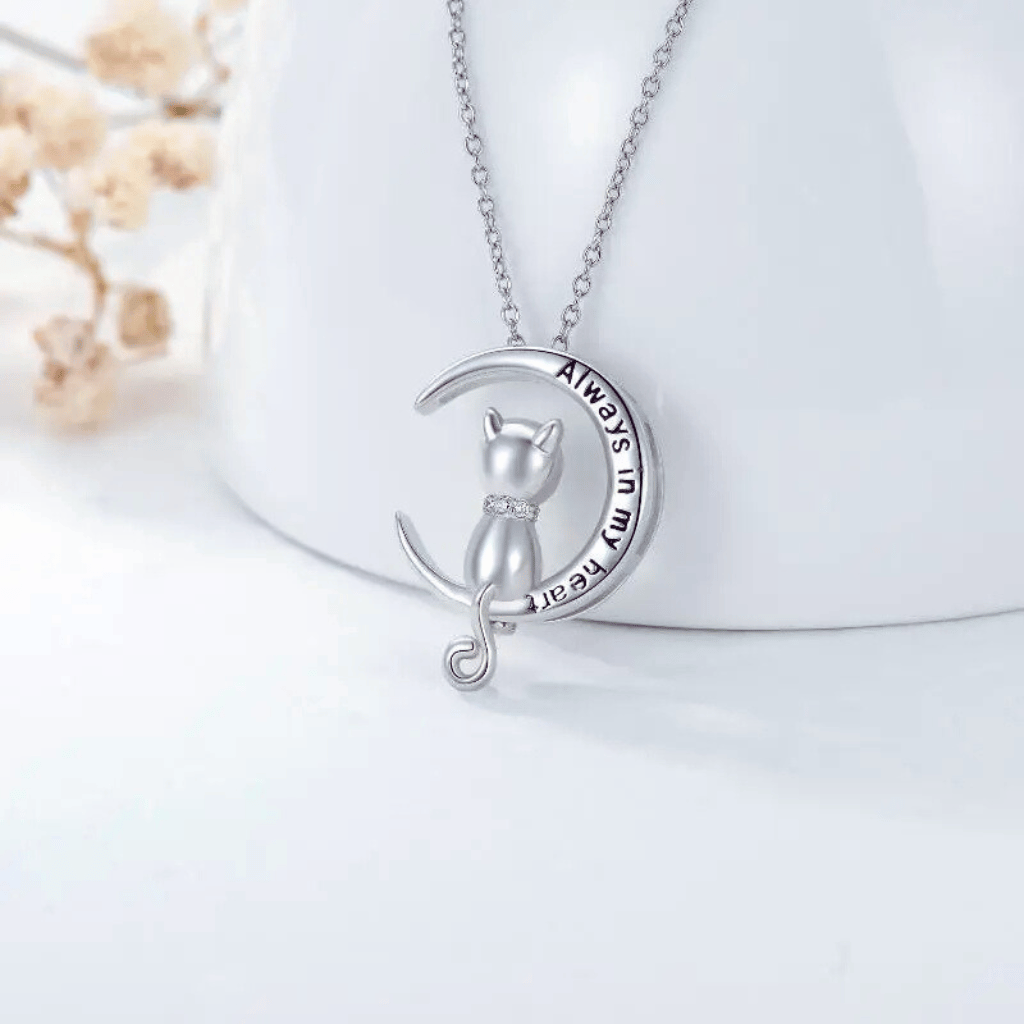 inscribed Crescent Moon Cat Cremation Necklace Sterling Silver