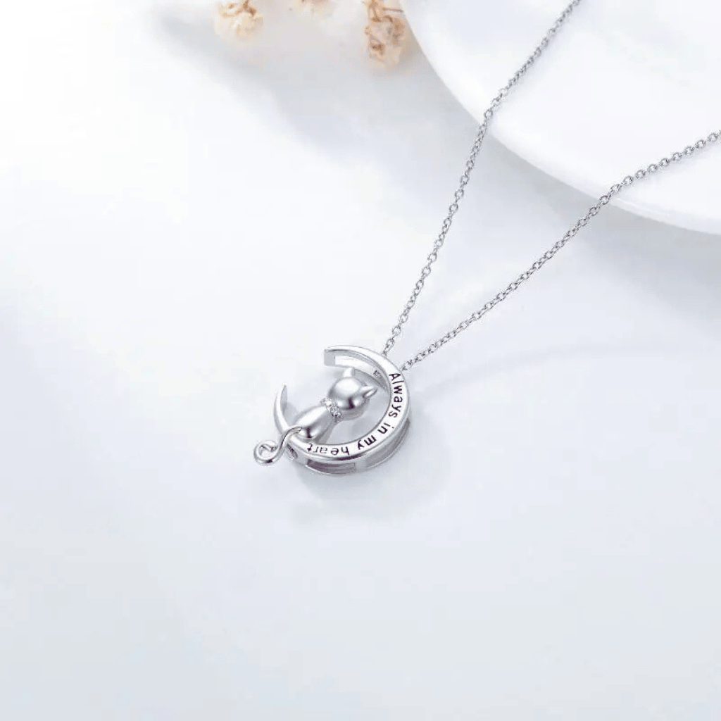 inscribed Crescent Moon Cat Cremation Necklace Sterling Silver