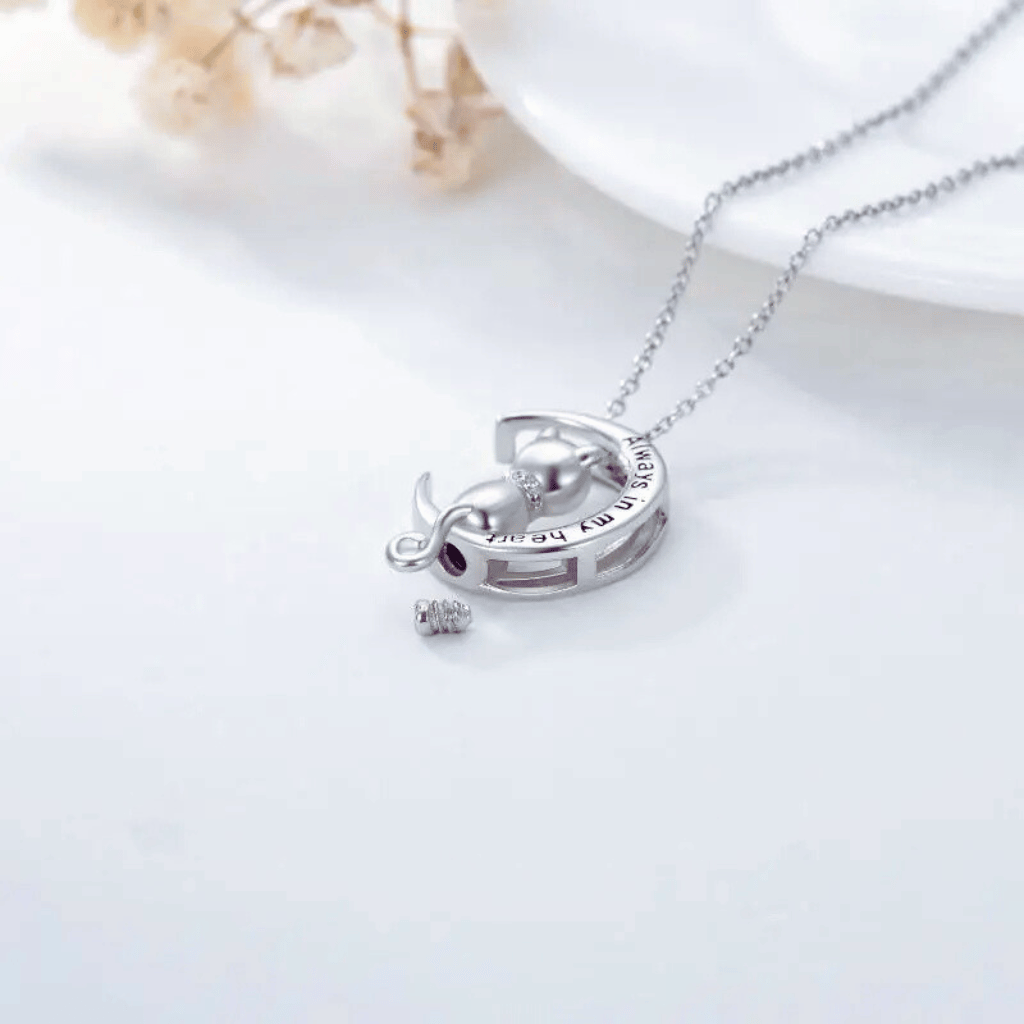 inscribed Crescent Moon Cat Cremation Necklace Sterling Silver